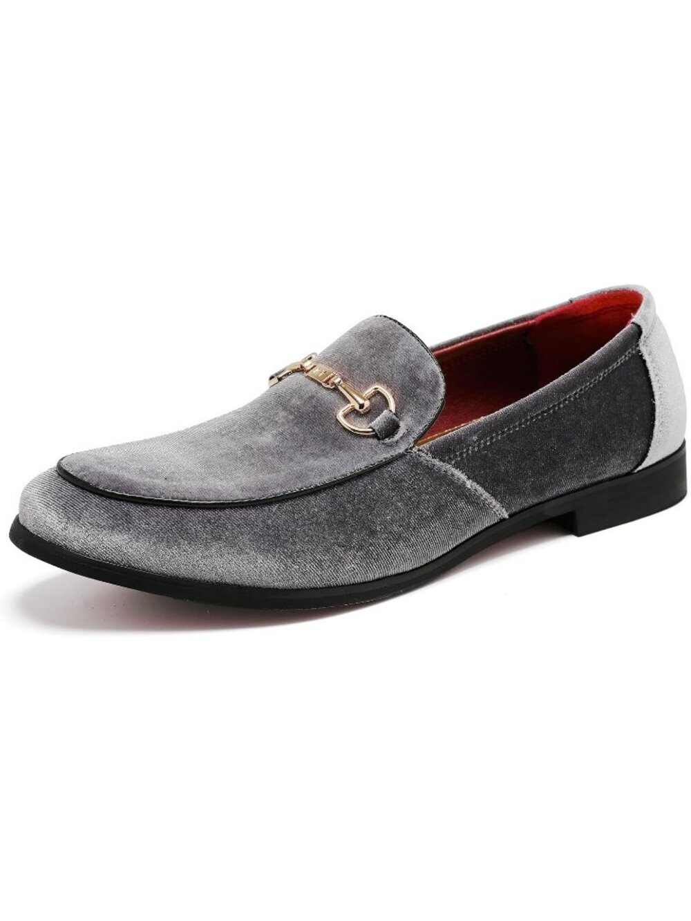 LCQL Men's Silver Grey Leather Velvet Loafer Gold Buckle Slip On Luxury Shoes